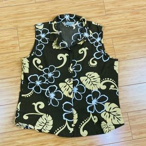 RARE VINTAGE SANDWICH ISLES HULA GIRL PLANE ALOHA SHIP HAWAIIAN BLOUSE MEDIUM